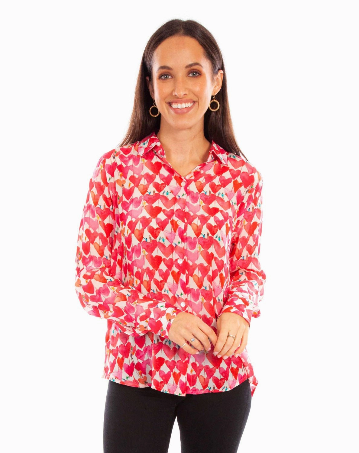 Tuckable Hem Scully Womens Heart Print Pink Viscose L/S Blouse