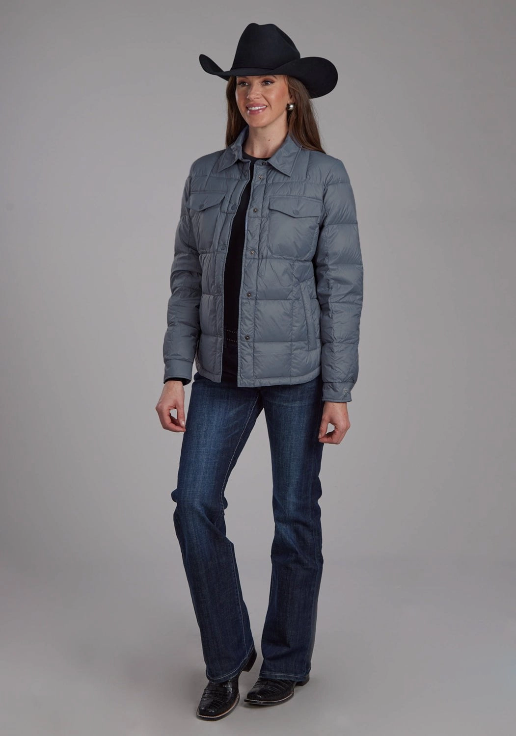 Roper Womens Down Filled Shirt Silver Blue 100% Nylon Softshell Jacket Everyday Urban Style Shock Absorbent Padding