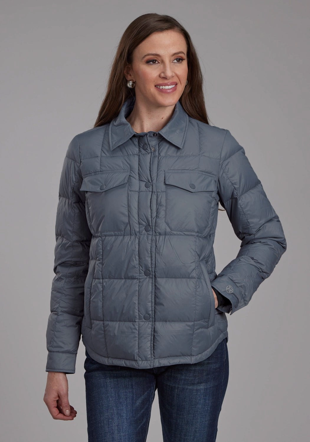 Roper Womens Down Filled Shirt Silver Blue 100% Nylon Softshell Jacket Non Restrictive Fit Crisp Layer