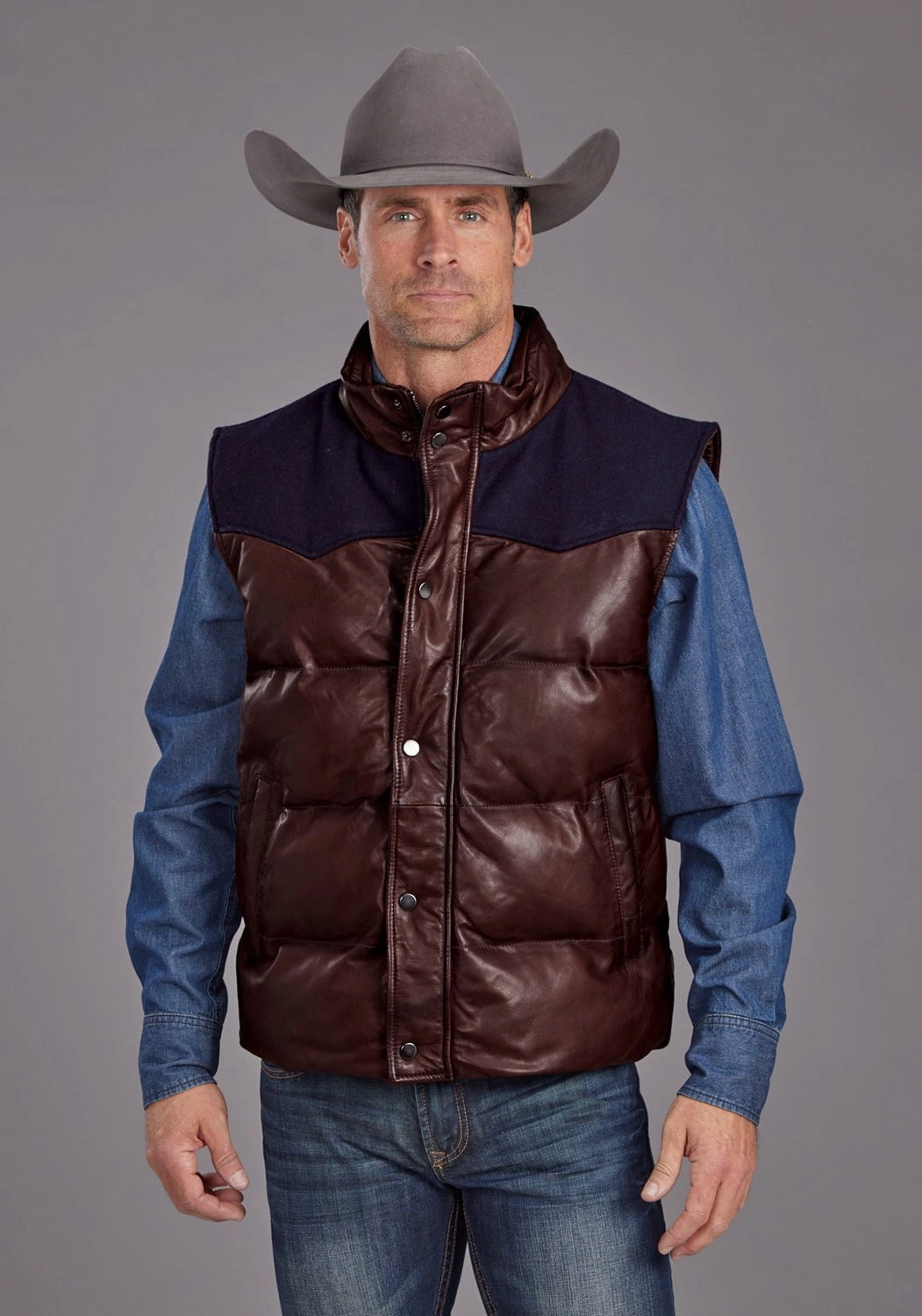 Stetson Mens Smooth Puffer Brown Leather Leather Vest Four Way Stretch Material Warmth Retention