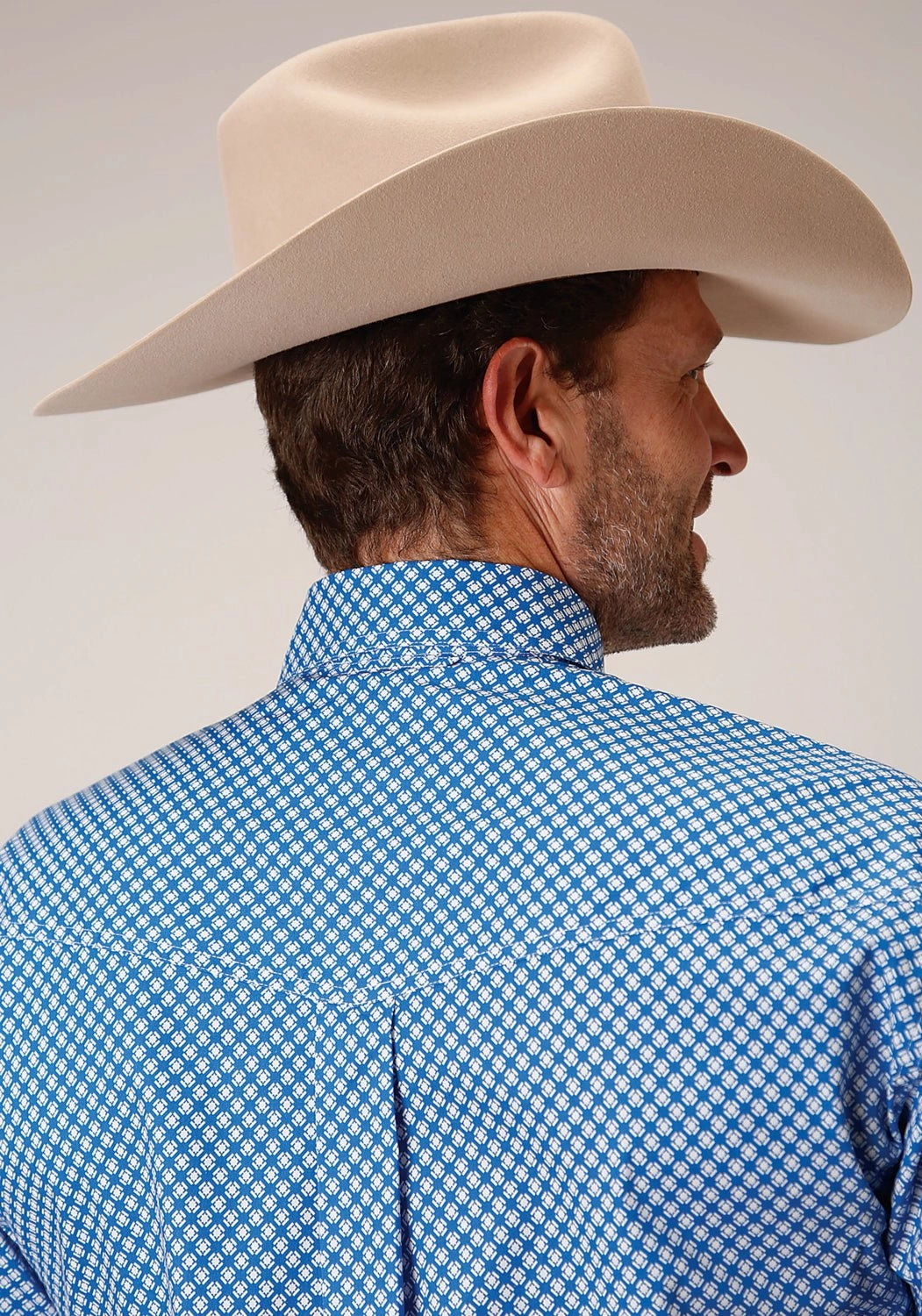 Roper Mens Blue Cotton Blend Diamond Star Geo BD L/S Btn Shirt Layered Design