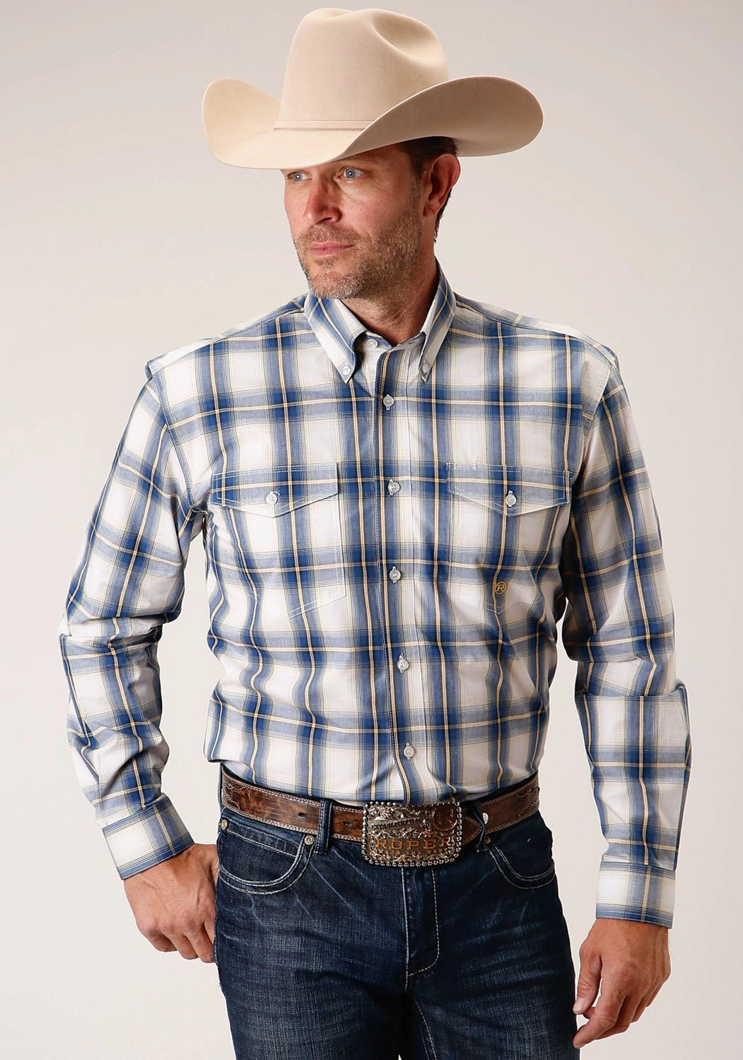 Shimmer Effect Roper Mens Denim Ombre Blue 100% Cotton L/S Shirt