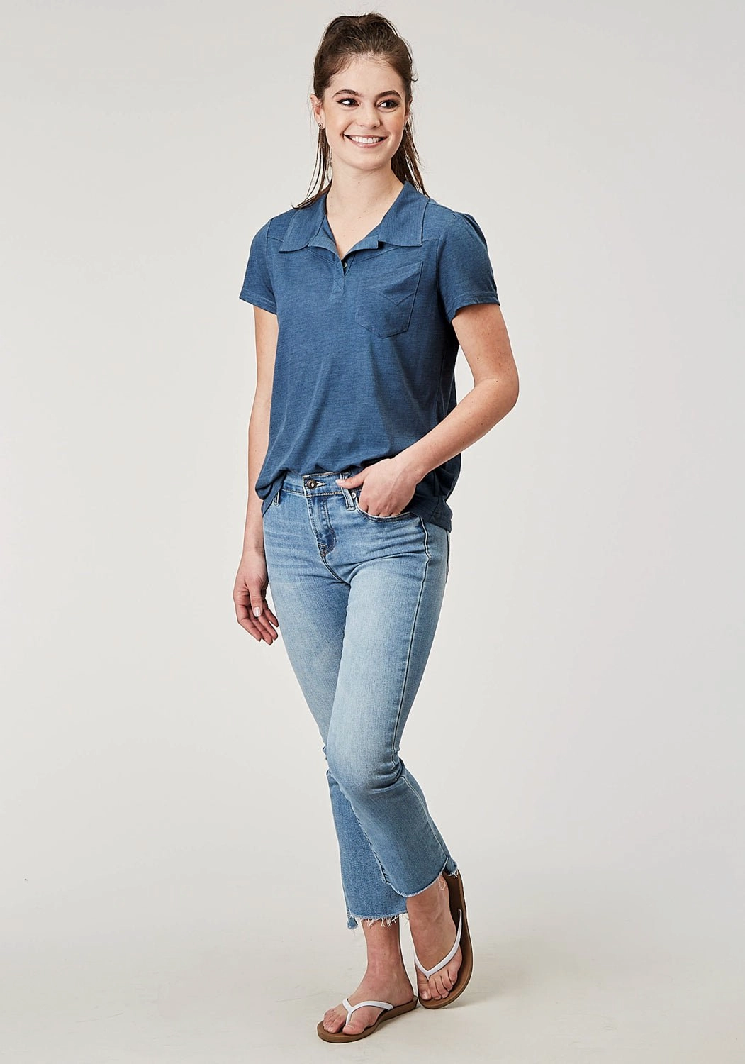 Roper Womens Puffed Polo Navy Poly/Cotton S/S T-Shirt networking event Non Restrictive Armhole
