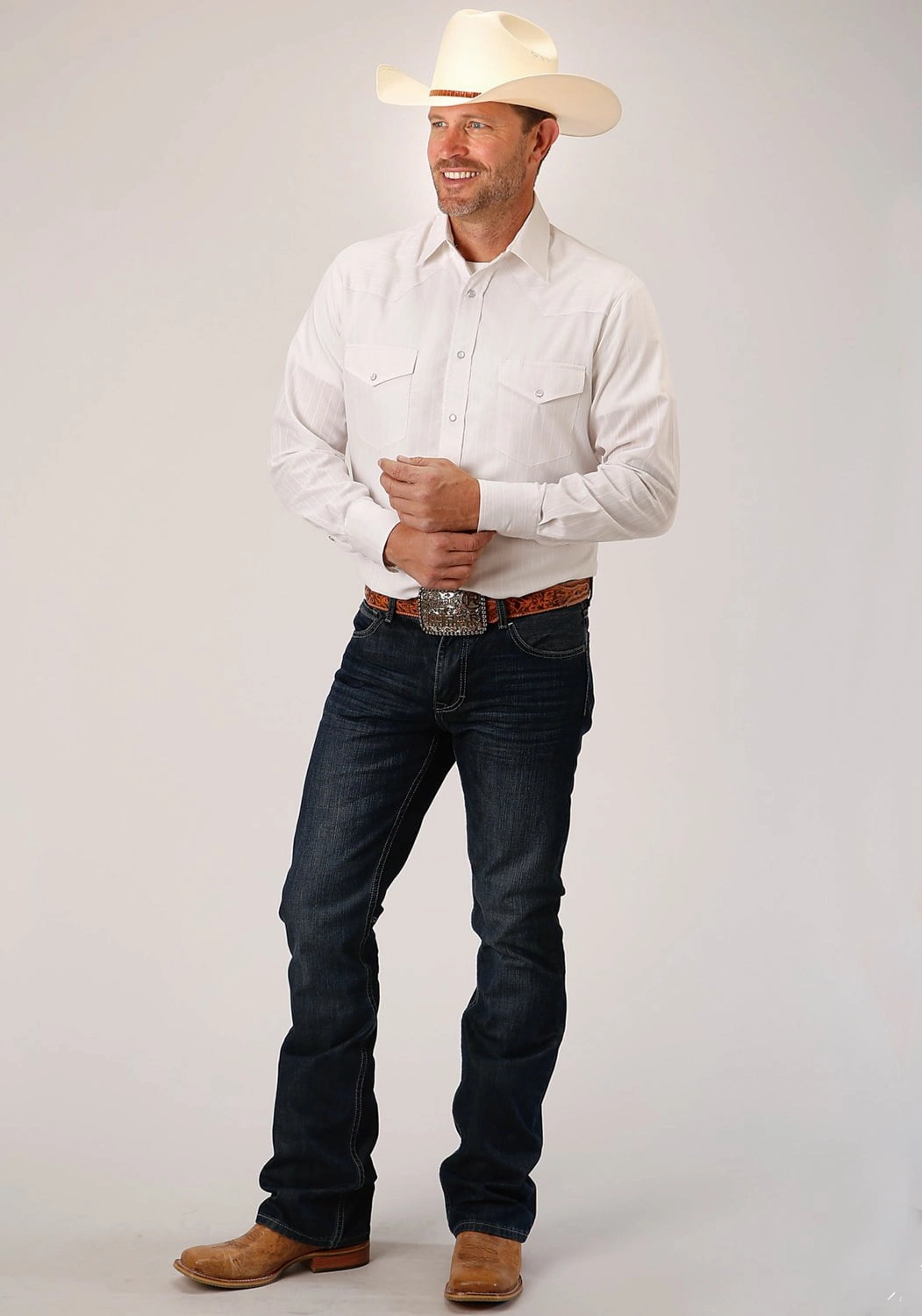 Roper Mens 80/20 Stripe White 80% Polyester/20% Cotton L/S Shirt Reinforced Collar