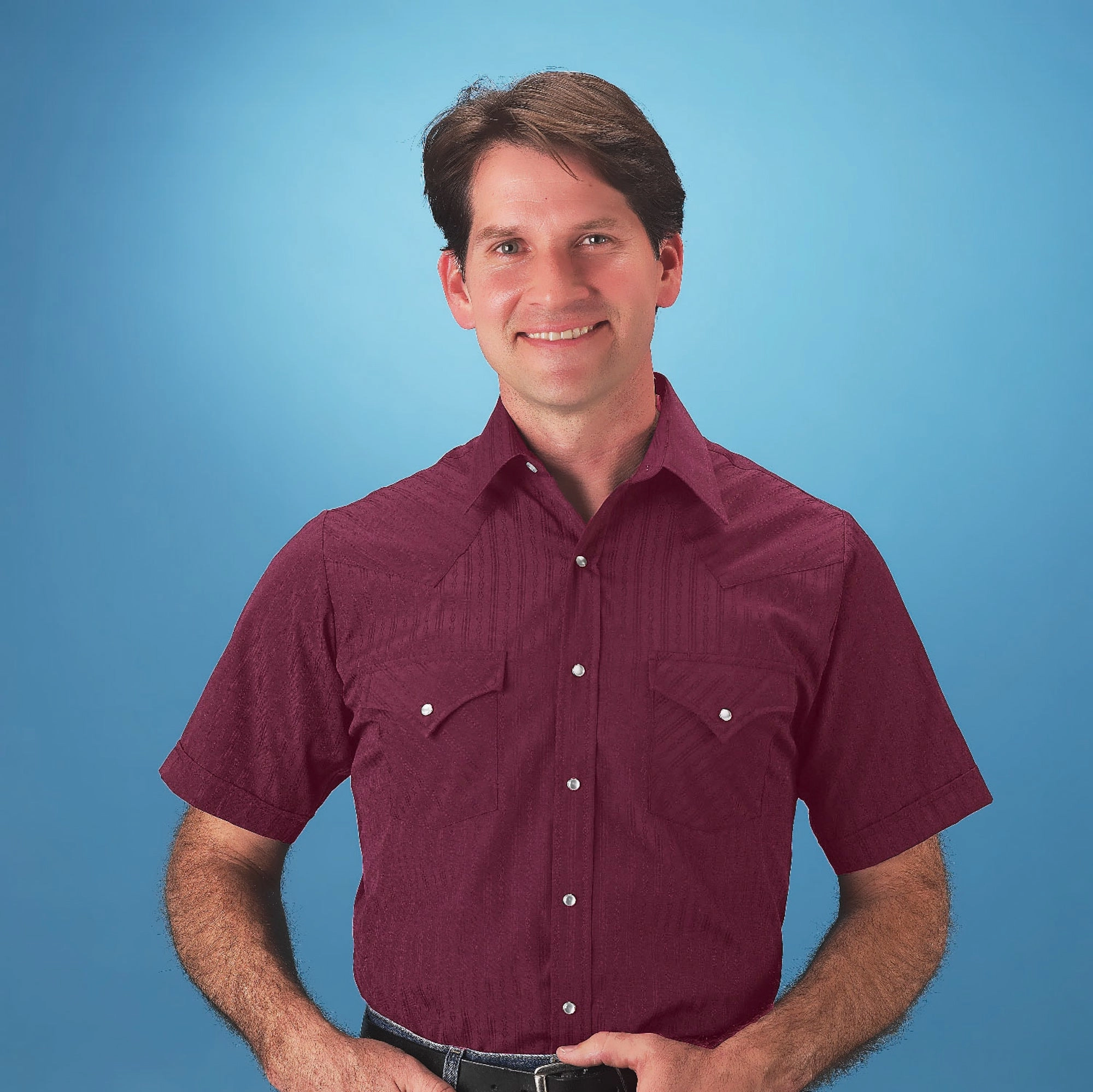 Layered Hemline Sophisticated Look Ely & Walker Mens Tone on Tone Burgundy Western Shirt S/S Poly/Cotton