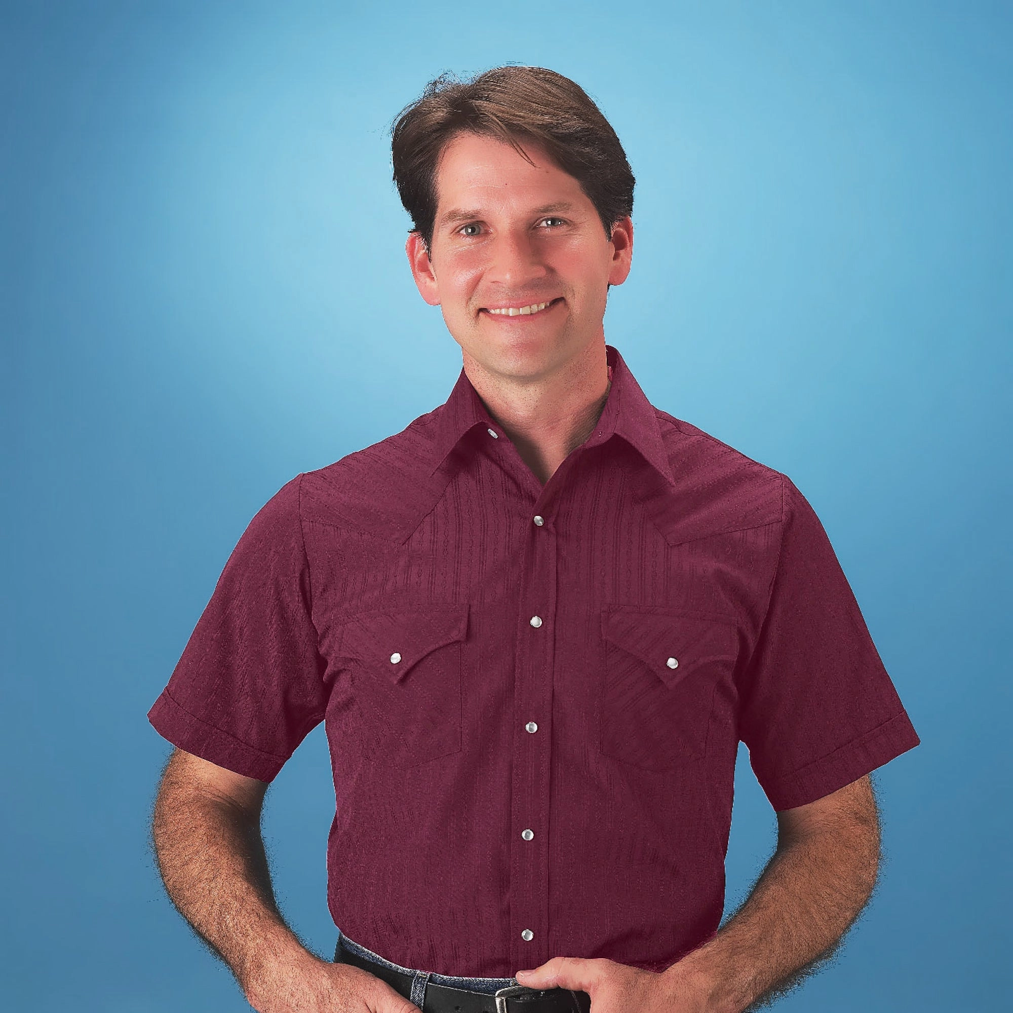 Ely & Walker Mens Tone on Tone Burgundy Western Shirt S/S Poly/Cotton Workwear Approved Reinforced Shoulders