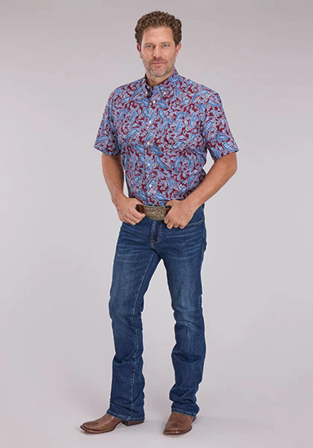 Conference Appropriate Roper Mens 2496 Heritage Paisley Wine/Blue 100% Cotton 1 Pkt S/S Shirt