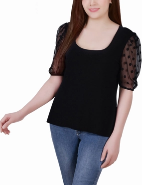 Compression Fit Comfy Cardigan Elbow Sleeve Crepe Top With Mesh Dotted Sleeves