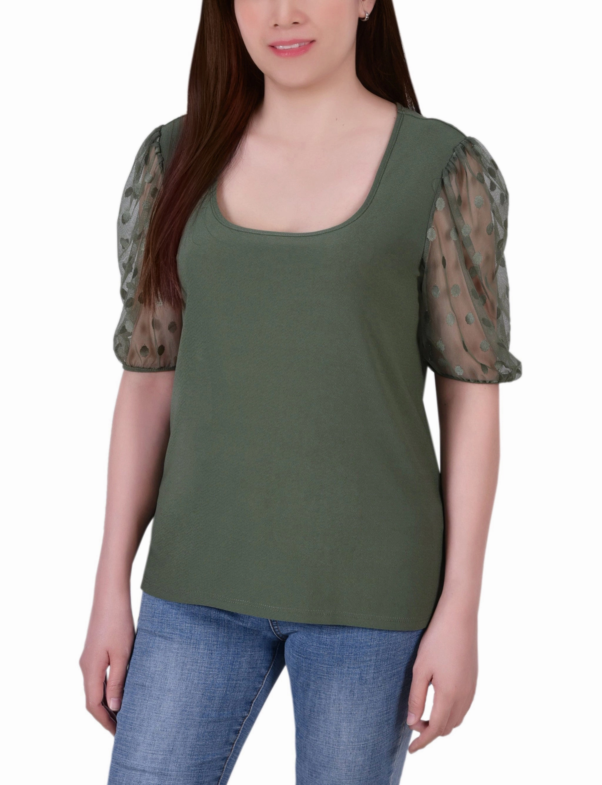 AntiStaticFabric Contoured Armhole Design Elbow Sleeve Crepe Top With Mesh Dotted Sleeves