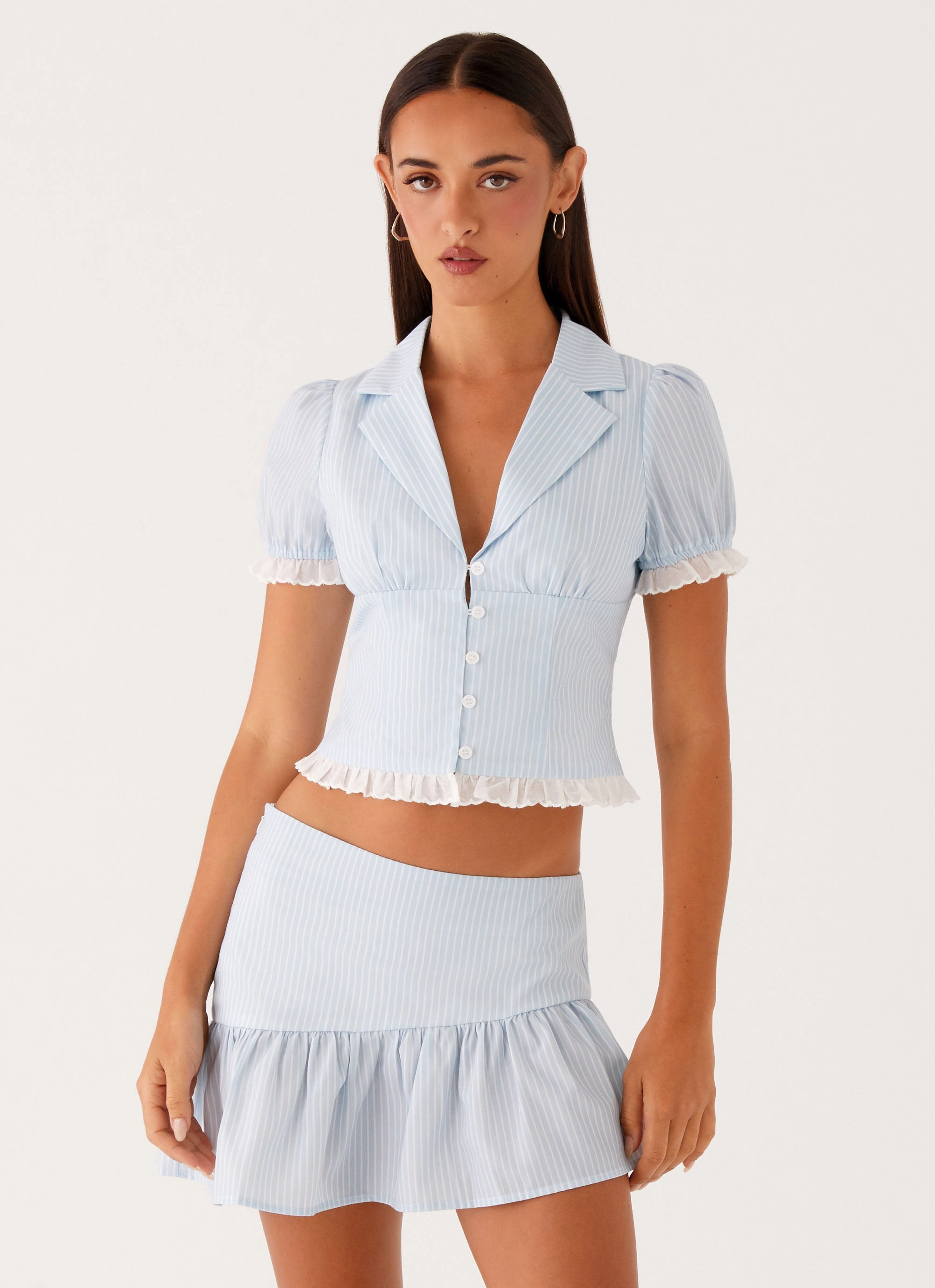 Unlined Design Double Stitched Hem Bennett Button Up Top - Blue White Stripe