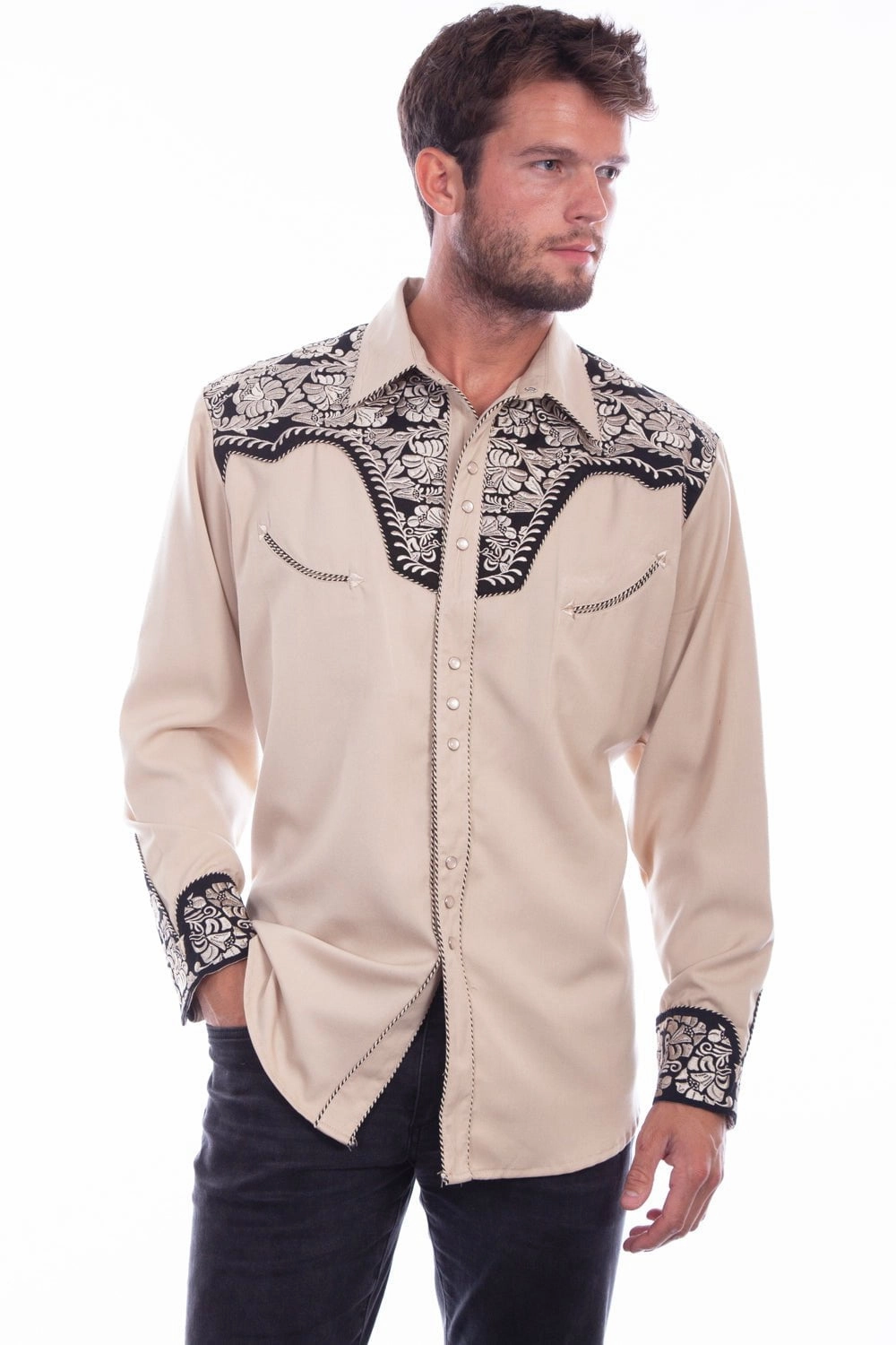 Weekend Vibes High Neck Scully Mens Tan/Black Polyester Tooled Floral L/S Shirt