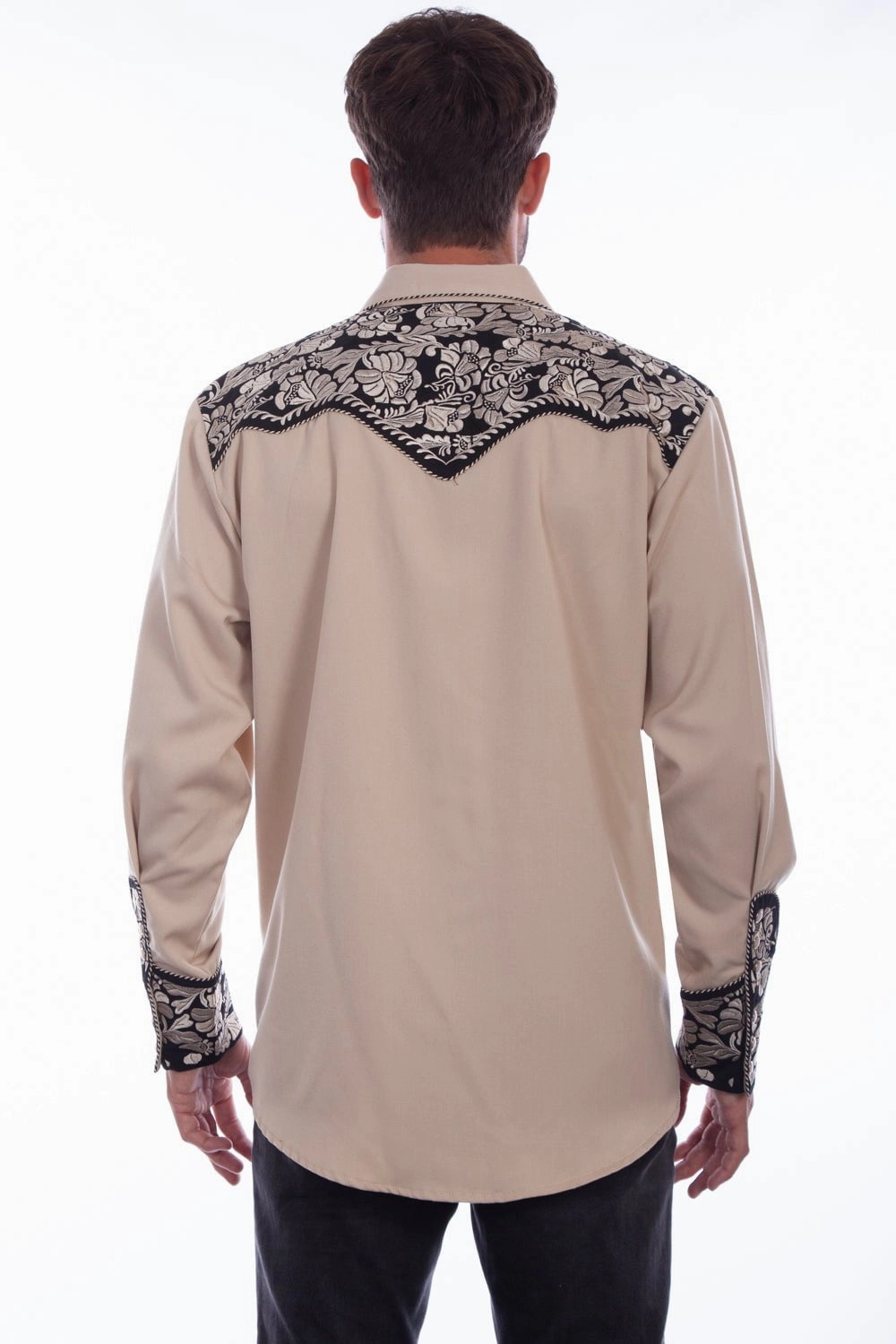Business casual Stretchable Material Scully Mens Tan/Black Polyester Tooled Floral L/S Shirt