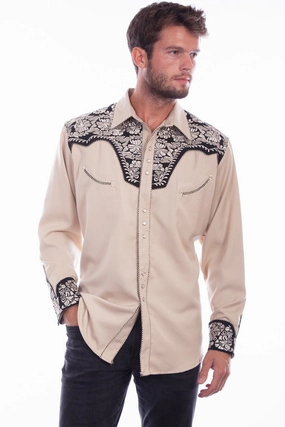 Weekend Vibes High Neck Scully Mens Tan/Black Polyester Tooled Floral L/S Shirt