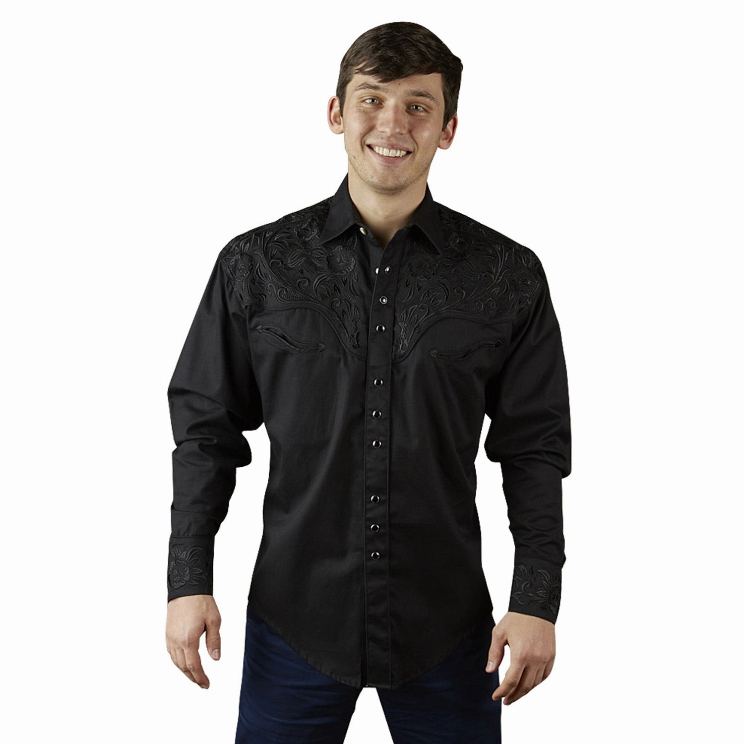 Rockmount Mens Black 100% Cotton Vintage Tooling Western L/S Shirt LT Warm Insulation UV Protective Coating
