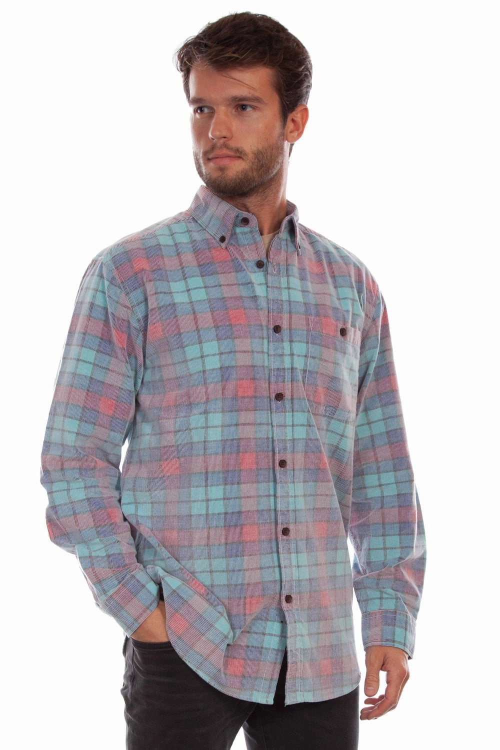 Eco-friendly Scully Mens Corduroy Plaid Blue 100% Cotton L/S Shirt