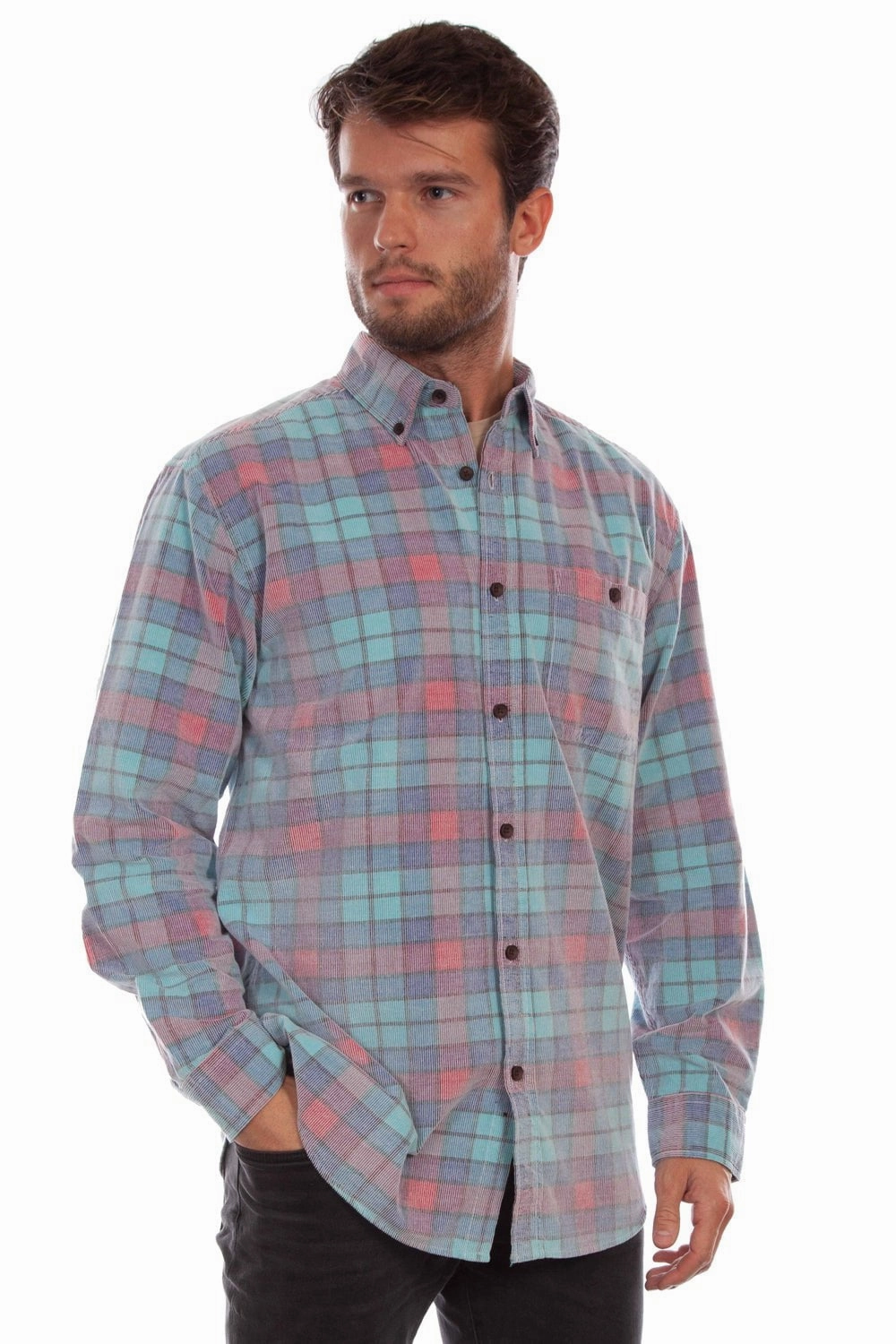 Scully Mens Corduroy Plaid Blue 100% Cotton L/S Shirt Relaxed Silhouette Monochrome Palette