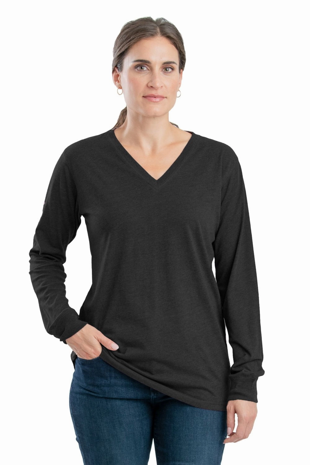 Berne Black Cotton Blend Womens Performance V-Neck Tee L/S Subtle pattern