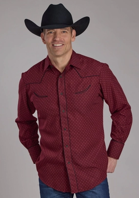 Roper Mens 2287 Dot Print Fancy Wine Poly/Cotton L/S Shirt Subtle pattern Comfort-First