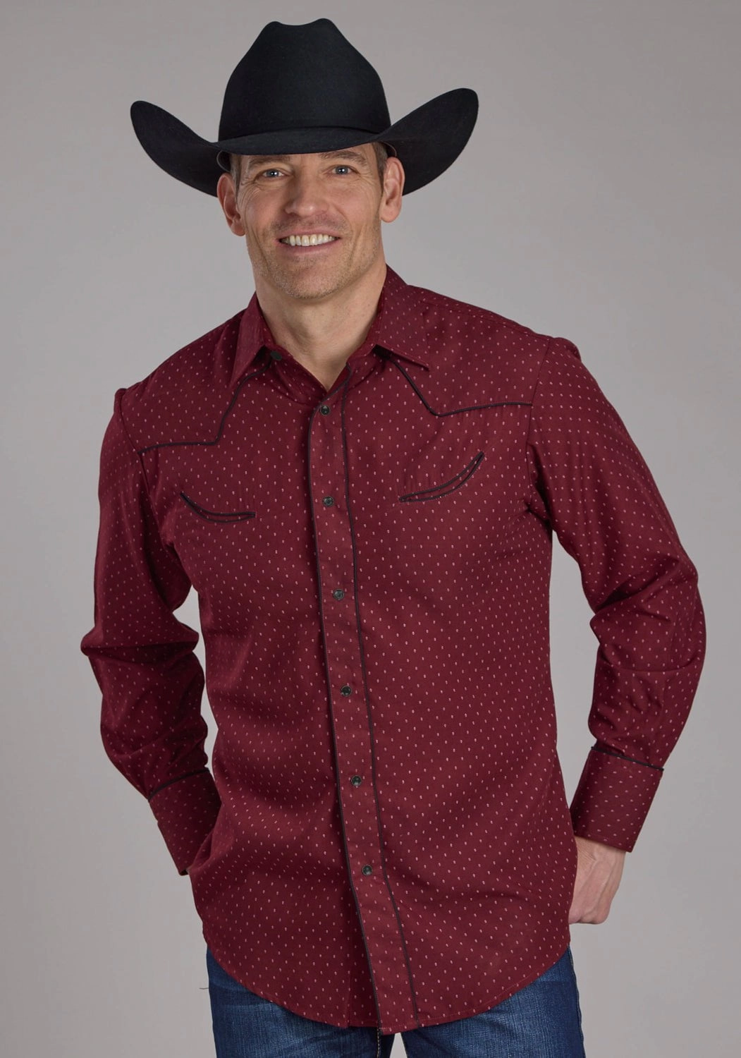 Roper Mens 2287 Dot Print Fancy Wine Poly/Cotton L/S Shirt Weekend Casual