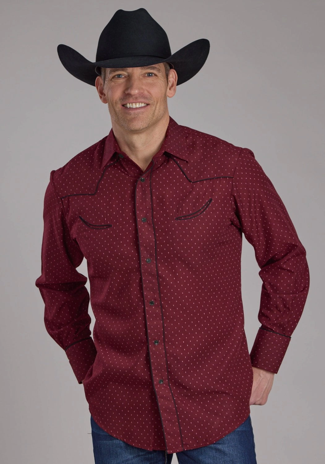 Roper Mens 2287 Dot Print Fancy Wine Poly/Cotton L/S Shirt Subtle pattern Comfort-First