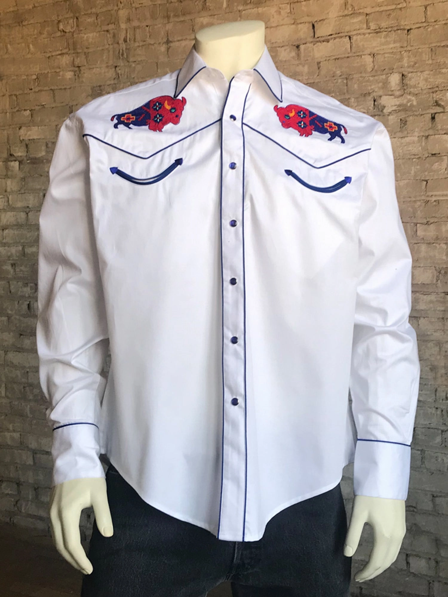 Vibrant Colors Rockmount Mens White 100% Cotton American Bison Western L/S Shirt