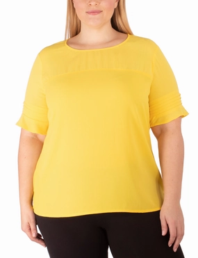 Natural Fiber Blend Plus Size Short Sleeve Dobby And Crepe Blouse