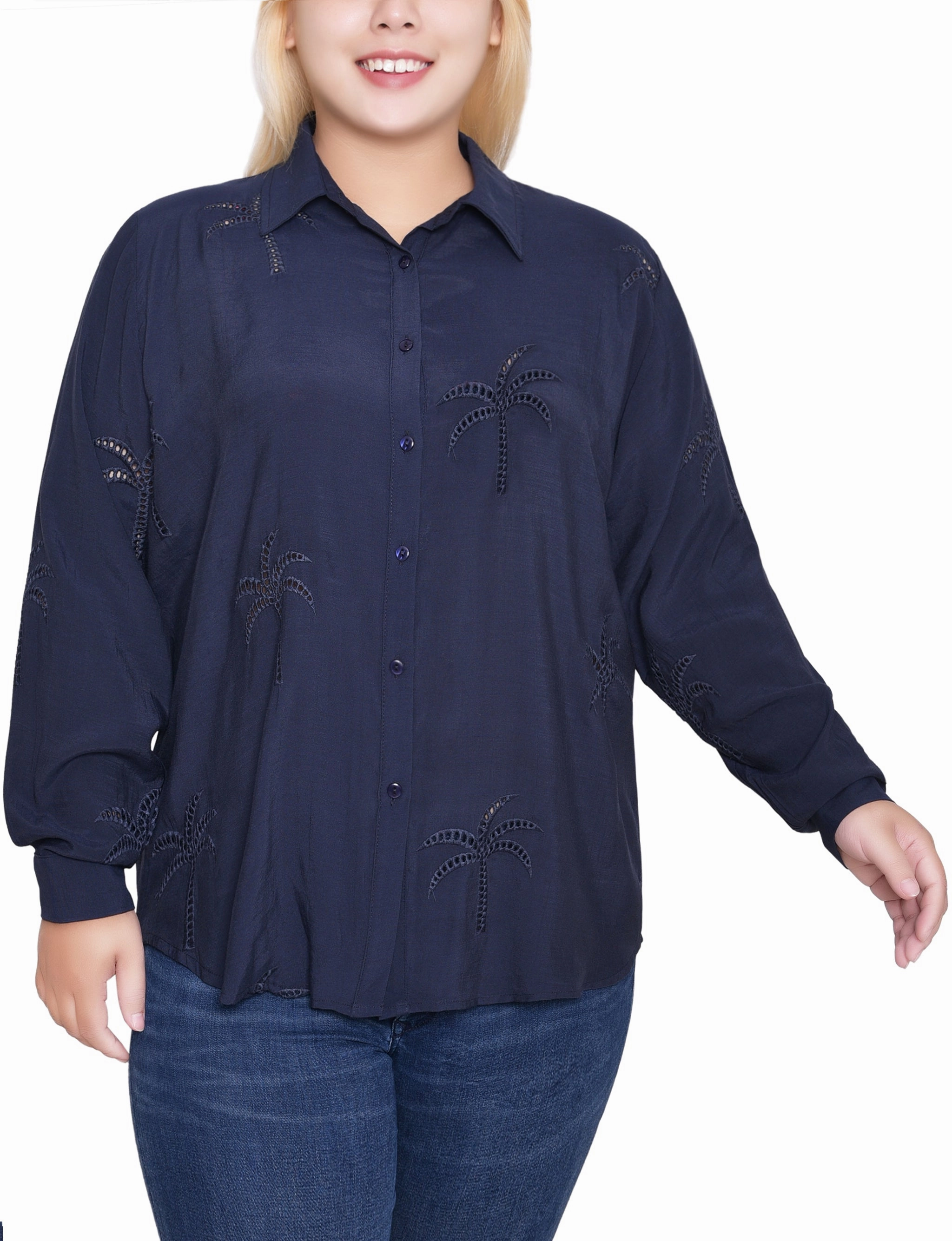 Self Fabric Tie Closure Anti Static Treatment Plus Size Long Sleeve Palm Tree Blouse