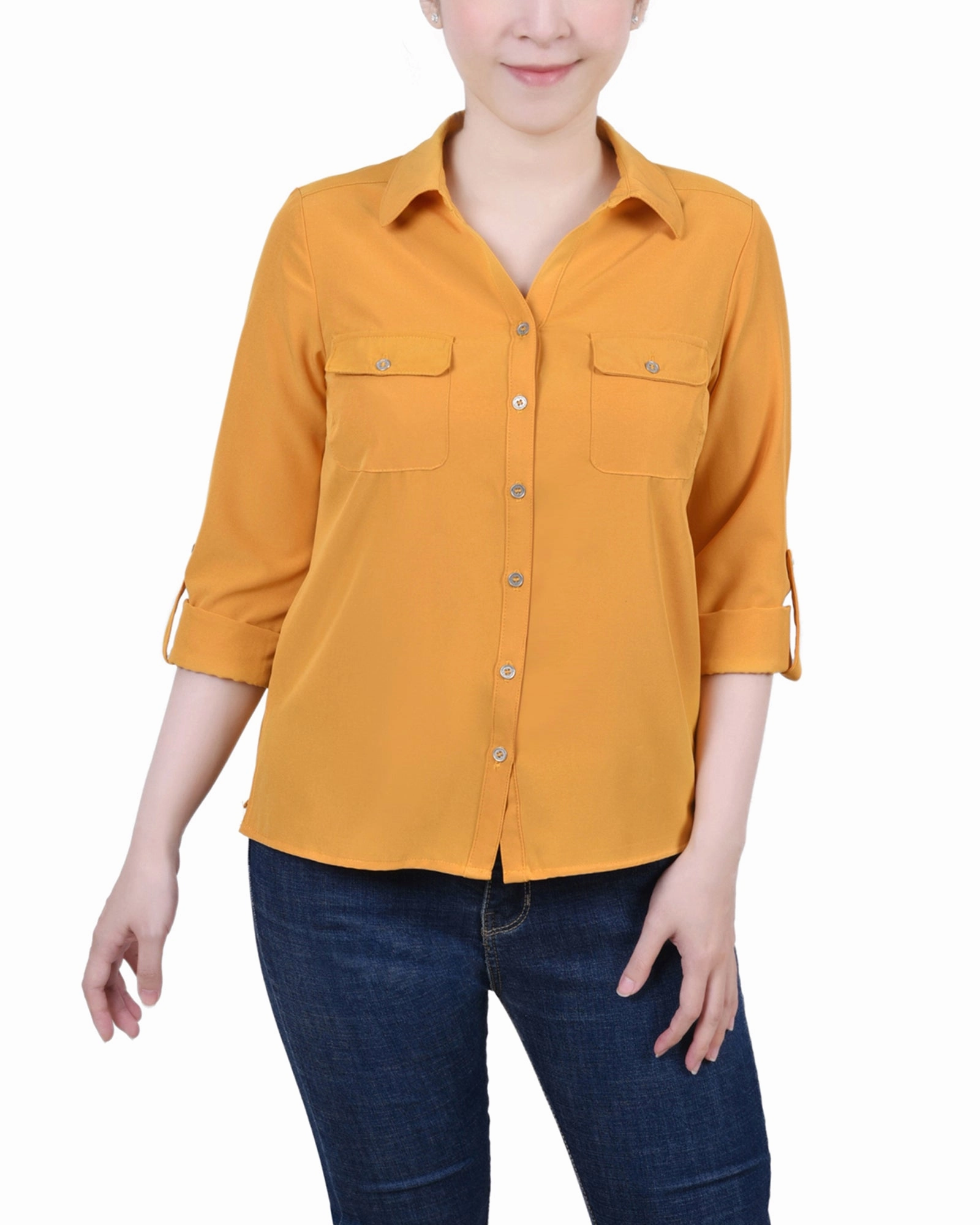 3/4 Roll Tab Blouse With Pockets Eco Conscious Dye Process Breathable mesh