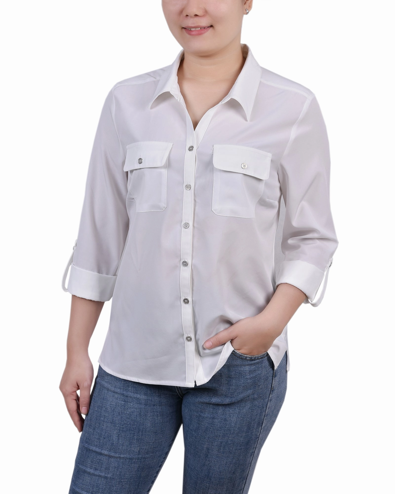 Minimalist Detailing 3/4 Roll Tab Blouse With Pockets