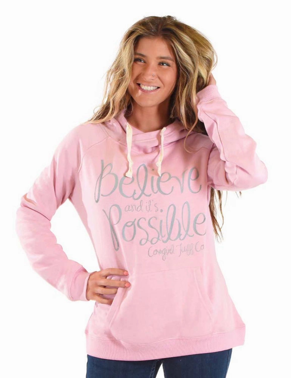 Cowgirl Tuff Womens Gray Believe Pink Poly/Rayon Hoodie Fringe Detail GlowInTheDarkAccents