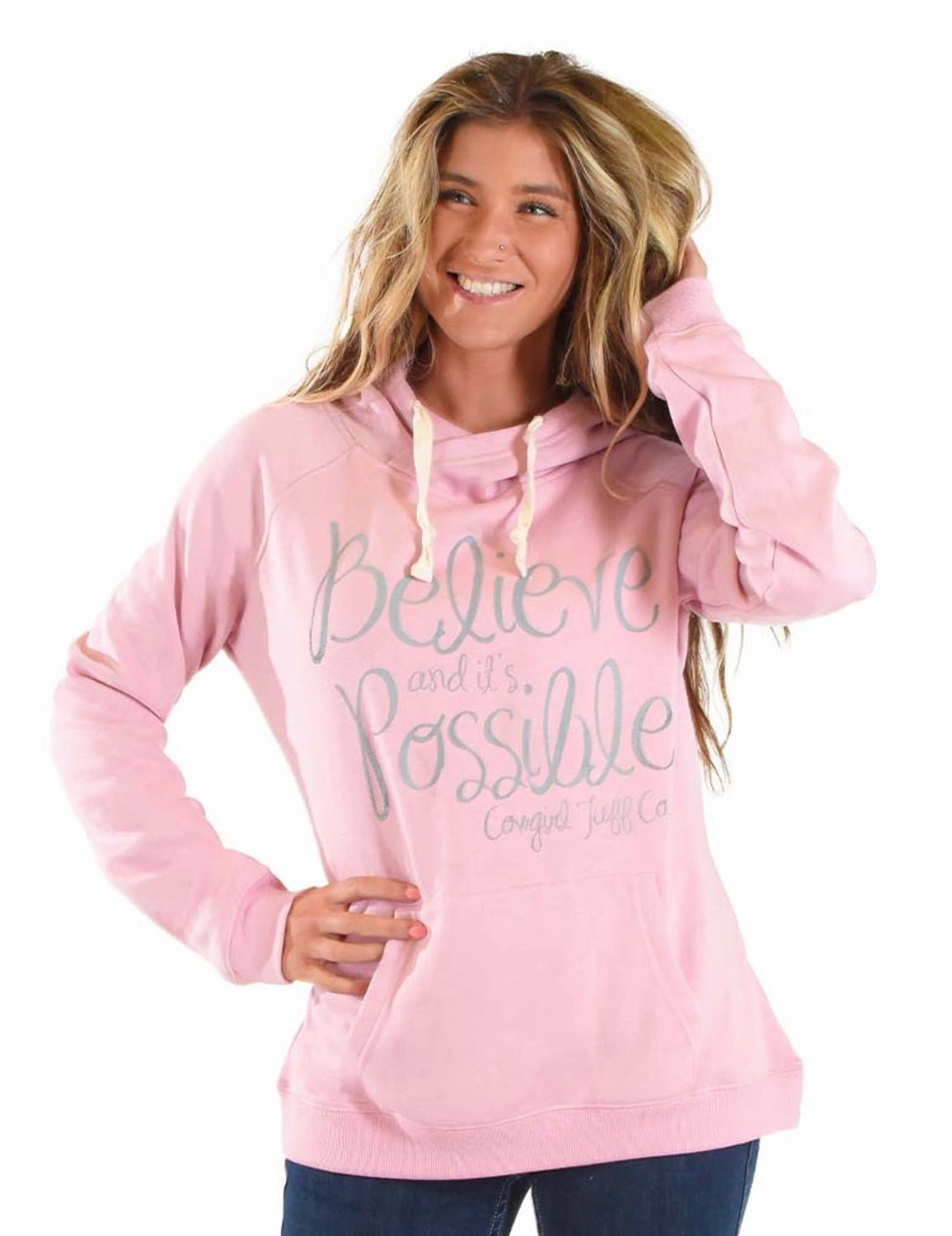Rubberized Trims Cowgirl Tuff Womens Gray Believe Pink Poly/Rayon Hoodie
