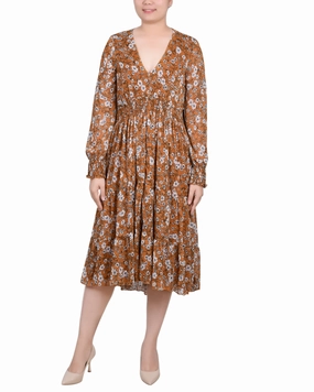 Sophisticated Fit Petite Long Sleeve Clip Dot Chiffon Dress With Smocked Waist and Cuffs