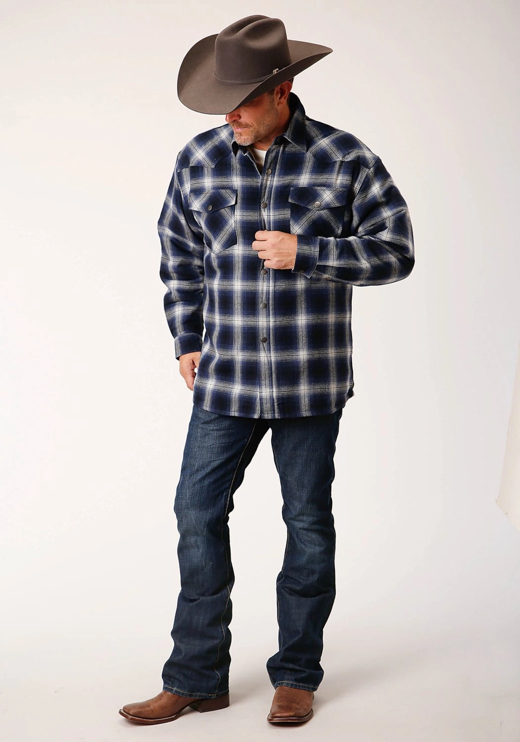 Water Repellent Finish Polished Look Roper Mens Sherpa Lined Flannel Blue 100% Cotton L/S Shirt