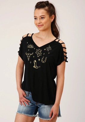 Unstructured Shoulder Thermal regulation Roper Womens Black Poly/Rayon Cold Shoulder S/S Strappy T-Shirt