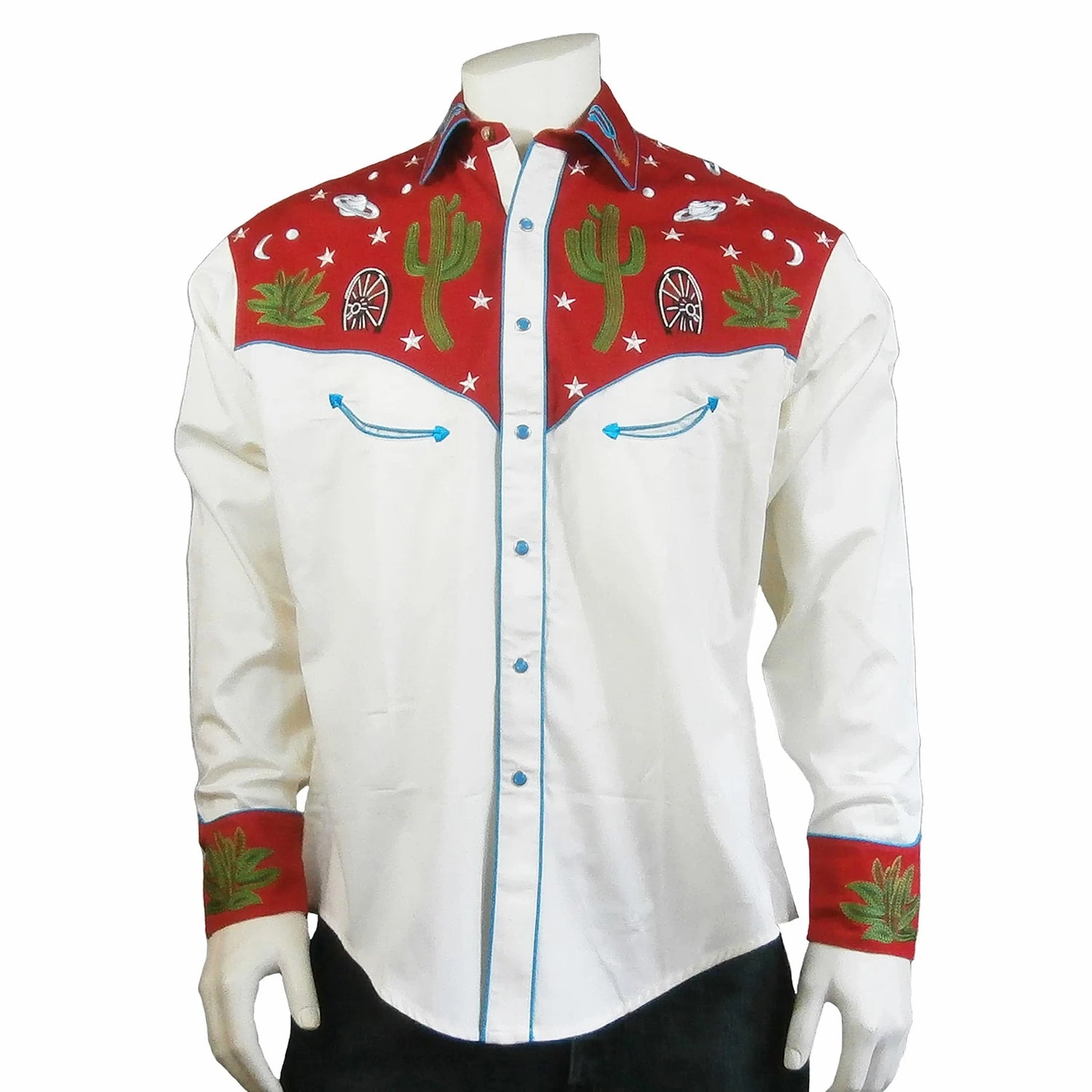 Low Profile Pocket Design Premium Feel Rockmount Mens Cactus and Stars Red 100% Cotton L/S Shirt