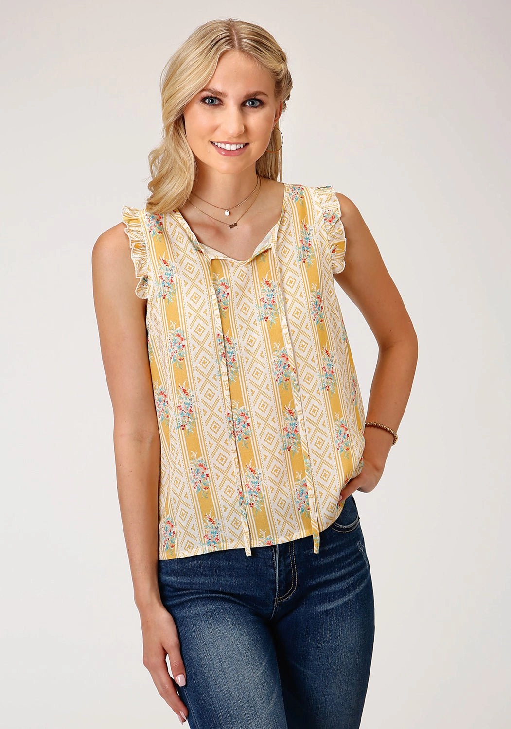 Durable Quality Luxury Feel Roper Womens Southwest Wallpaper Yellow 100% Rayon S/L Blouse