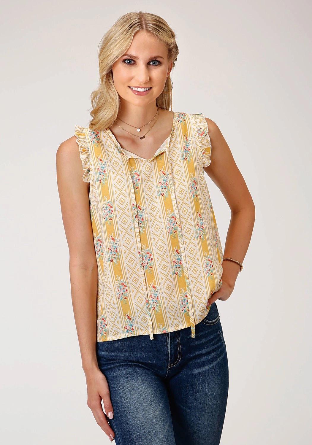 Roper Womens Southwest Wallpaper Yellow 100% Rayon S/L Blouse Summer Fashion Casual Sophistication