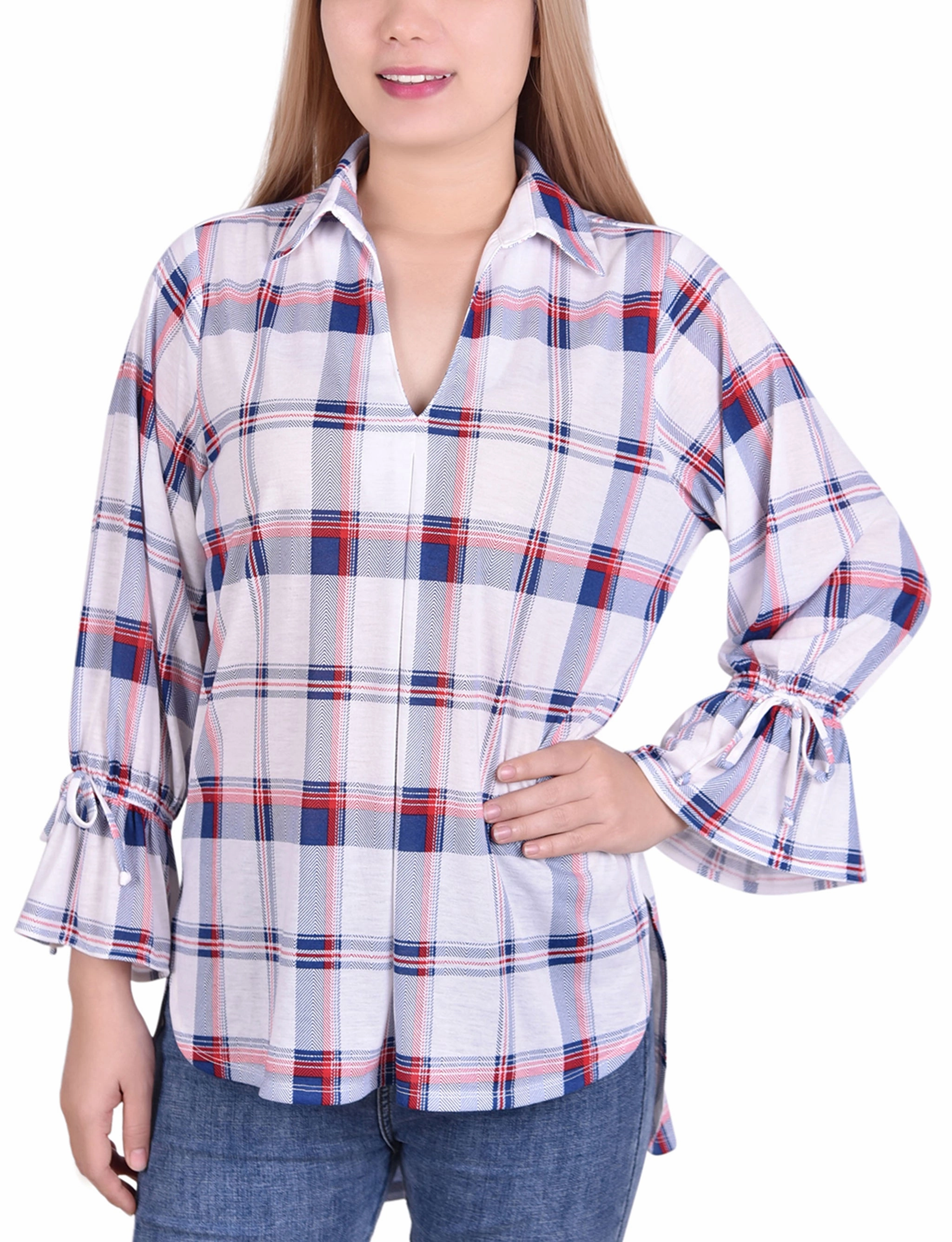 AntiPillingSurface SublimatedPrint 3/4 Sleeve Plaid Jersey Hi Low Hem Blouse