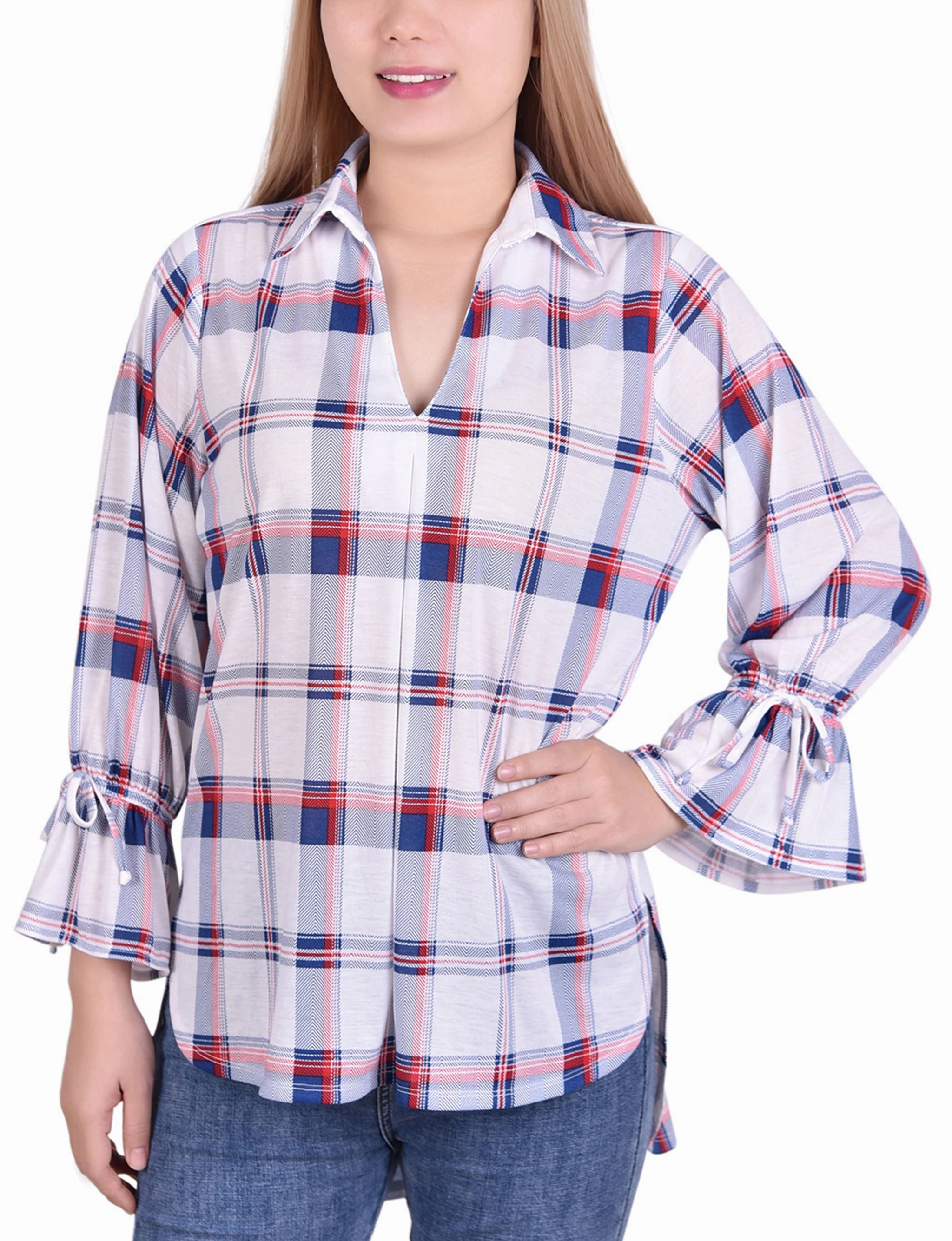 3/4 Sleeve Plaid Jersey Hi Low Hem Blouse Odor Resistant Coating Temperature Regulating Fabric