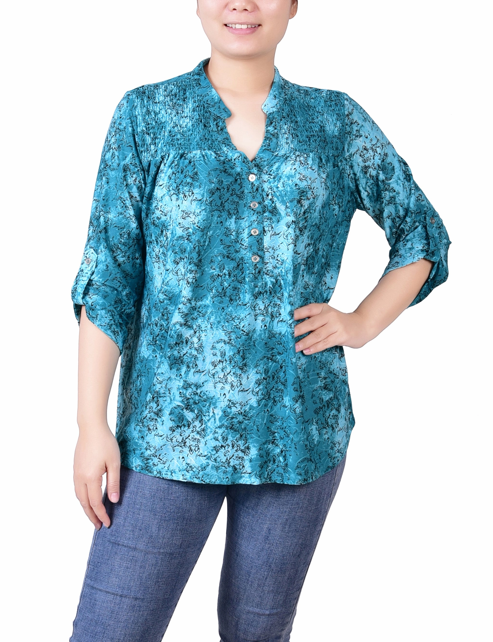 Petite 3/4 Roll Tab Sleeve Smocked-Yoke Top Ribbed Trim Details Professional Look