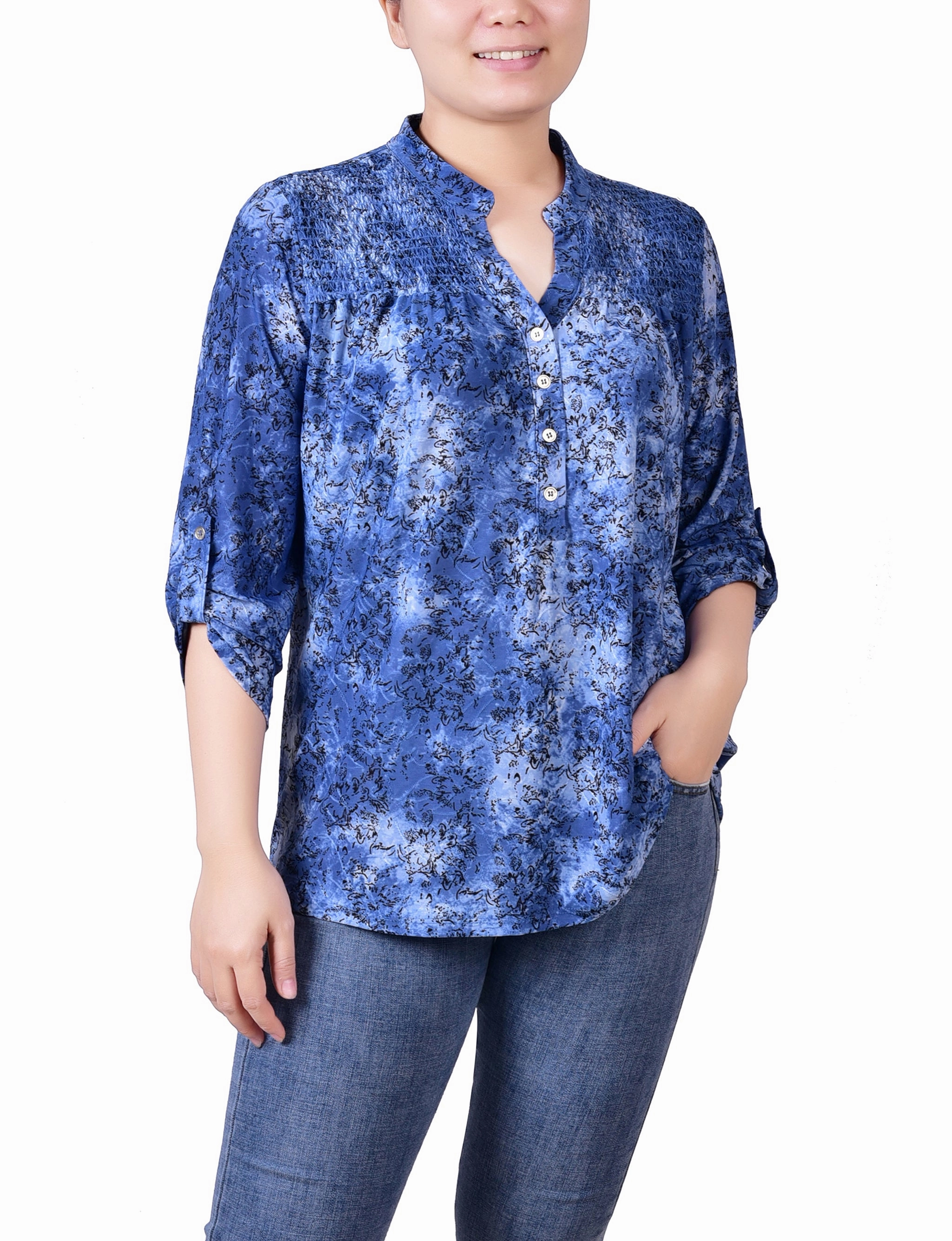 Petite 3/4 Roll Tab Sleeve Smocked-Yoke Top Flexible Ribbed Cuffs CarbonNeutral Production