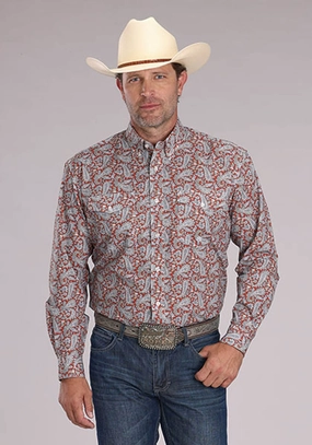 Classic Color Roll-Up Sleeve Roper Mens 2499 Clay Paisley Orange 100% Cotton Btn L/S Shirt