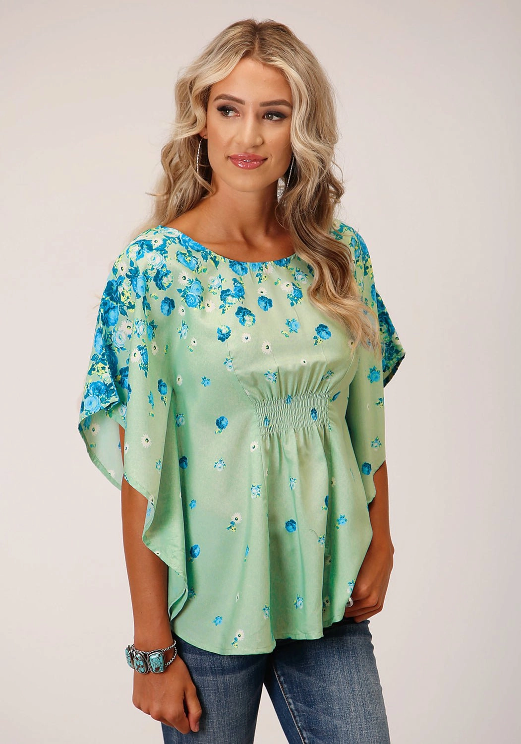 Roper Womens Summer Floral Sage Polyester S/S Blouse Hidden Button Placket