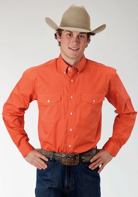 Seasonal Trend Road Trip Ready Roper Basics Mens Orange 100% Cotton Solid Poplin Btn L/S Shirt