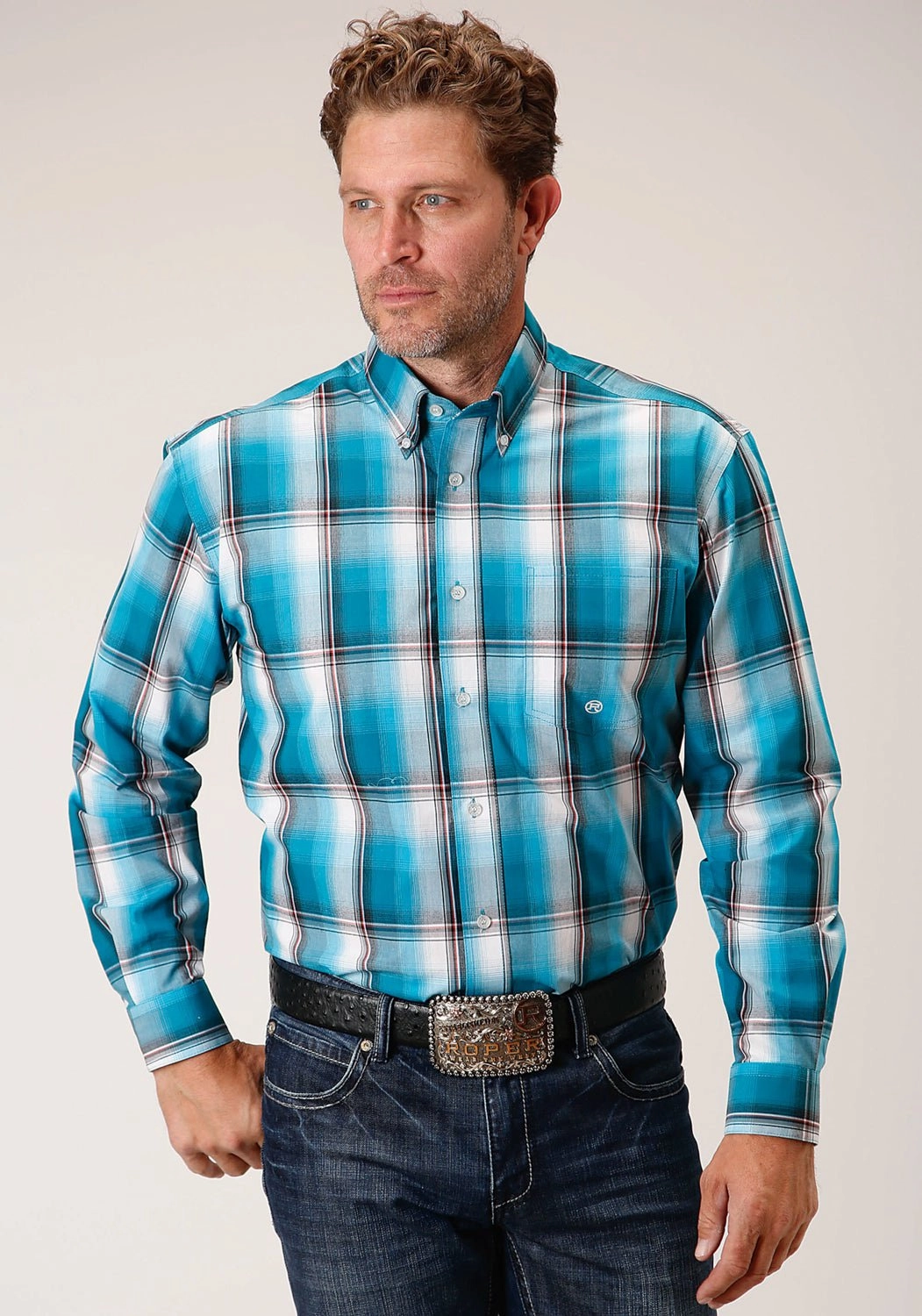 Casual Sophistication Layered Look Roper Mens Turquoise 100% Cotton Deep Pool BD L/S 1 Pkt Shirt