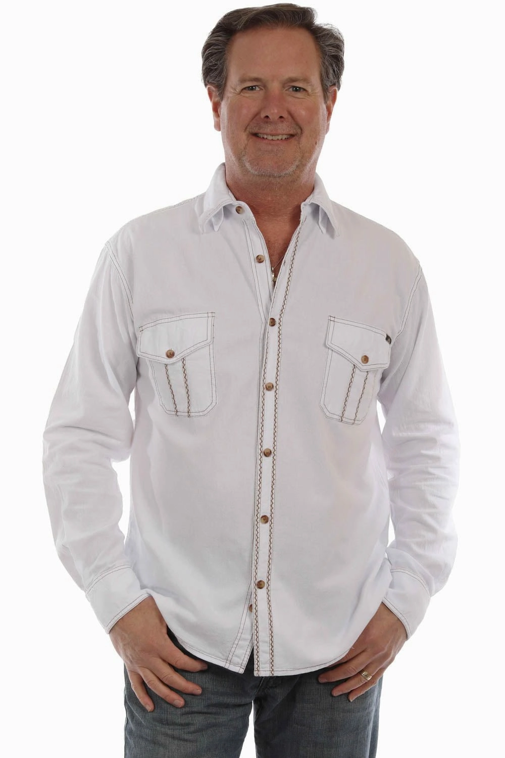 Breathable Layer Scully Mens Western Contrast Stitching White 100% Cotton L/S Shirt