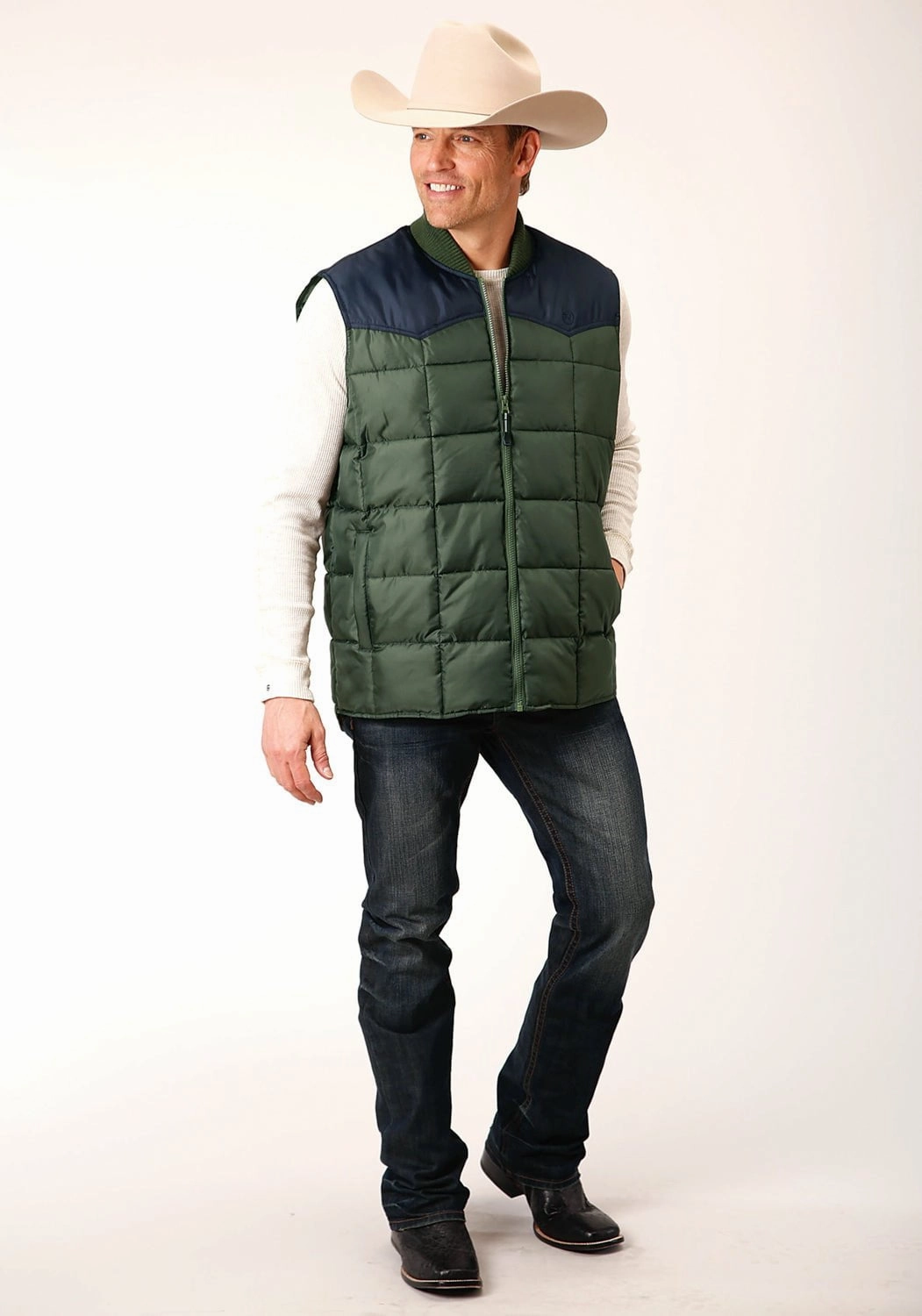 Roper Mens Western Quilted Green 100% Polyester Softshell Vest Noise Free Material