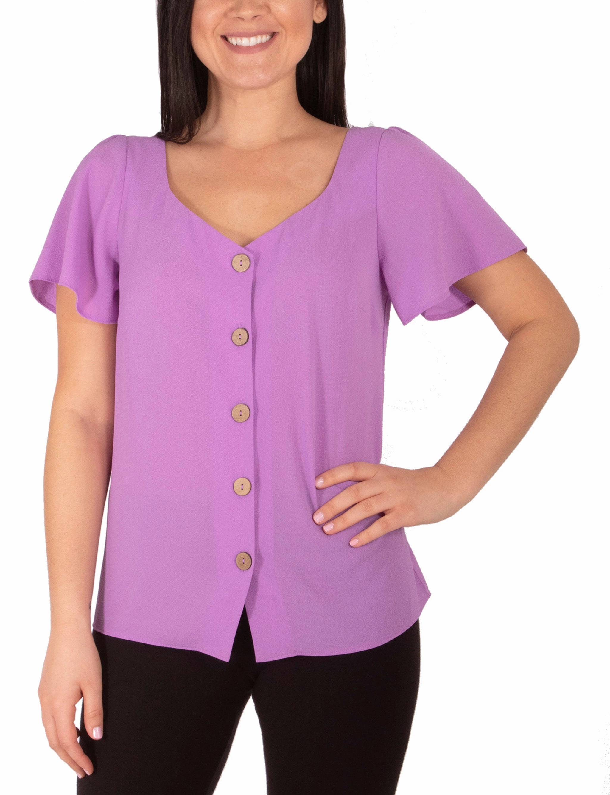 Airflow Ventilation Zones Short Bell Sleeve Crepe Blouse With Princess Neckline
