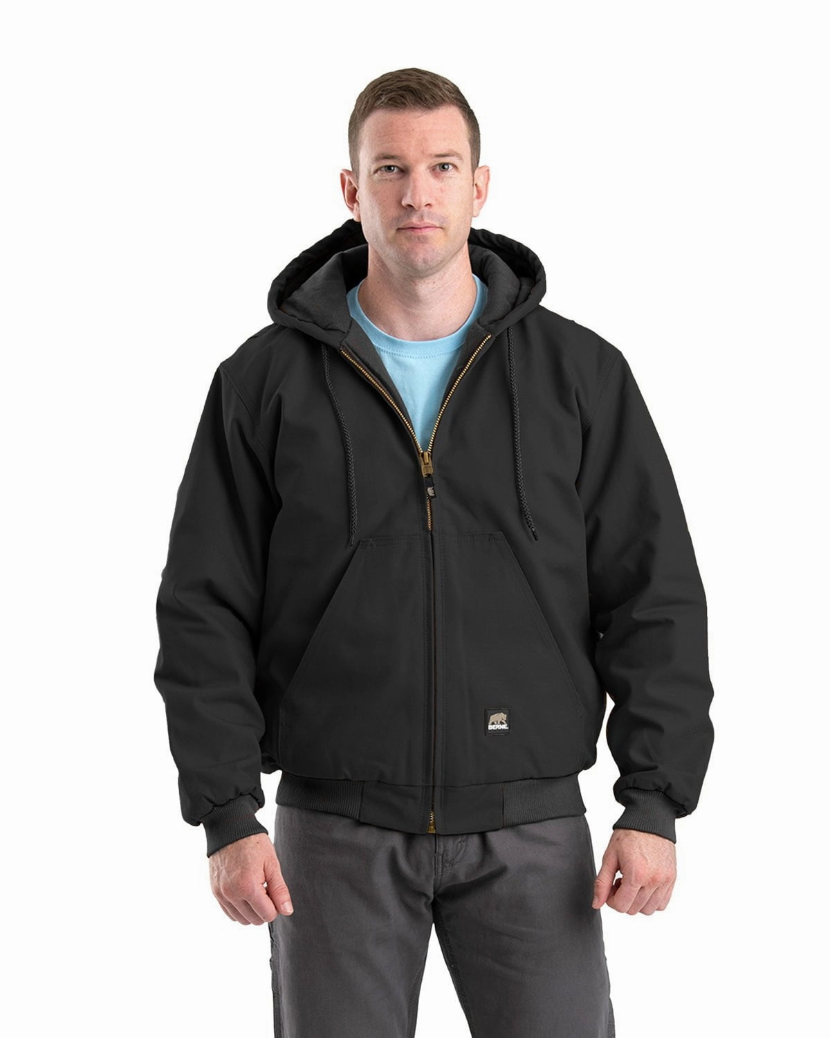 Berne Apparel Mens Heritage Duck Hooded Active Black 100% Cotton Jacket Adjustable Hem Lock System Belted Style
