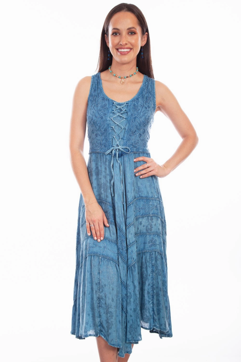 Scully Womens Light Denim Rayon Full Length Lace S/L Dress Cool Drape